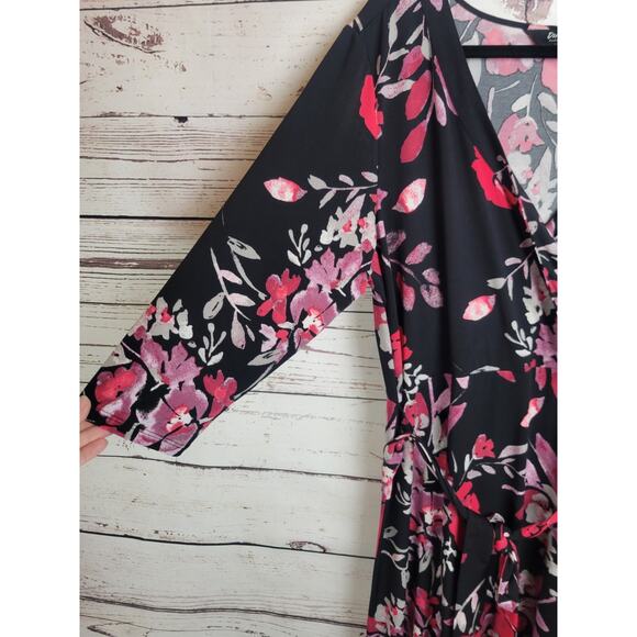 Du Joir Black Red Floral V-Neck 3/4 Sleeve Faux Wrap Maxi Dress Women's Sz XLP - Picture 8 of 16